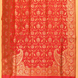 Red Gold Zari Ogee Floral Paisley Jaal Pure Silk Banarasi Saree With Floral Scroll Pallu