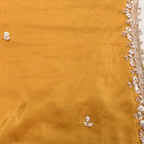 Mustard Yellow Georgette Saree With Hand Embroidered Pearl Floral Border