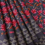 Charcoal Grey Ikat-Print Saree With Abstract Floral Motifs And Sequin Border