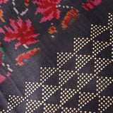 Charcoal Grey Ikat-Print Saree With Abstract Floral Motifs And Sequin Border