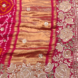 Pink Bandhani Hand Embroidered Designer Saree With Mirror Work