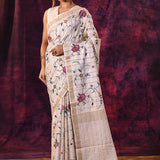 Charming Cream With All Over Floral Jaal And Checks Linen Saree