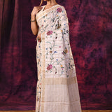 Charming Cream With All Over Floral Jaal And Checks Linen Saree