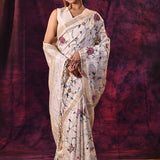 Charming Cream With All Over Floral Jaal And Checks Linen Saree