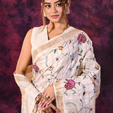 Charming Cream With All Over Floral Jaal And Checks Linen Saree