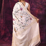 Charming Cream With All Over Floral Jaal And Checks Linen Saree