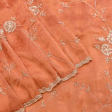 Peach Hand Embroidered Saree With Floral Vine Jaal & Zigzag Border