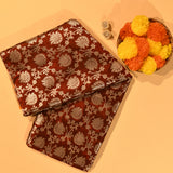 Rust Brown Silver Zari Floral Jaal Pure Silk Banarasi Saree With Contrast Mustard Gold Pallu