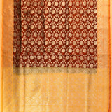 Rust Brown Silver Zari Floral Jaal Pure Silk Banarasi Saree With Contrast Mustard Gold Pallu