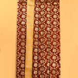 Rust Brown Silver Zari Floral Jaal Pure Silk Banarasi Saree With Contrast Mustard Gold Pallu