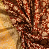 Rust Brown Silver Zari Floral Jaal Pure Silk Banarasi Saree With Contrast Mustard Gold Pallu