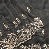 Charcoal Grey Hand Embroidered Saree With Silver Leaf Vine Border