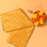 Sunshine Yellow And Royal Blue Silver Zari Floral Jaal Pure Silk Banarasi Saree With Paisley Pallu And Striped Border