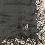 Charcoal Grey Hand Embroidered Saree With Silver Leaf Vine Border