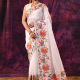 Off-White With Multicolor Floral Paisley Applique Work Tissue Silk Embroidered Saree
