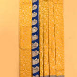 Sunshine Yellow And Royal Blue Silver Zari Floral Jaal Pure Silk Banarasi Saree With Paisley Pallu And Striped Border