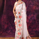Off-White With Multicolor Floral Paisley Applique Work Tissue Silk Embroidered Saree