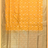 Mustard Yellow And Olive Green Gold Zari Floral Jaal Pure Silk Banarasi Saree With Contrast Pallu
