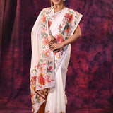 Off-White With Multicolor Floral Paisley Applique Work Tissue Silk Embroidered Saree