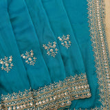 Peacock Blue Hand Embroidered Saree With Multi-Row Sequin Border