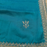 Peacock Blue Hand Embroidered Saree With Multi-Row Sequin Border