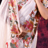 Off-White With Multicolor Floral Paisley Applique Work Tissue Silk Embroidered Saree