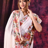Off-White With Multicolor Floral Paisley Applique Work Tissue Silk Embroidered Saree
