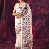 Off-White Satin Saree With Peacock And Floral Vine Embroidery