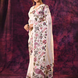 Off-White Satin Saree With Peacock And Floral Vine Embroidery