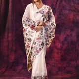 Off-White Satin Saree With Peacock And Floral Vine Embroidery