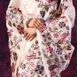 Off-White Satin Saree With Peacock And Floral Vine Embroidery