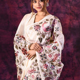 Off-White Satin Saree With Peacock And Floral Vine Embroidery