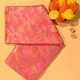 Rose Pink Gold Zari Floral Jaal Pure Silk Banarasi Saree With Intricate Pallu