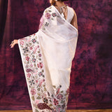 Off-White Satin Saree With Peacock And Floral Vine Embroidery