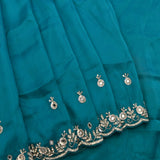 Teal Hand Embroidered Saree With Mirror Work Floral Border