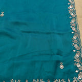 Teal Hand Embroidered Saree With Mirror Work Floral Border