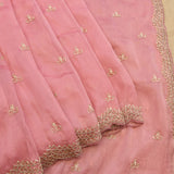 Pink Hand Embroidered Georgette Saree With Scalloped Zari Border