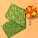 Parrot Green Gold Zari Diagonal Floral Pure Silk Banarasi Saree With Heavy Gold Pallu