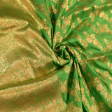 Parrot Green Gold Zari Diagonal Floral Pure Silk Banarasi Saree With Heavy Gold Pallu