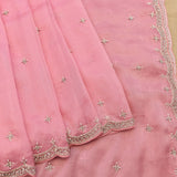 Pink Hand Embroidered Georgette Saree With Scalloped Silver Border
