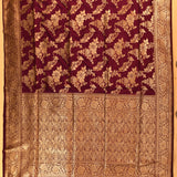 Burgundy Gold Zari Floral Vase All Over Pure Silk Banarasi Saree With Dense Woven Pallu