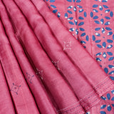 Dusty Rose Pink Tussar Silk Saree With Minimal Diamond Mukaish Butti & Blue Applique Geometric Pallu