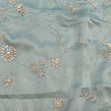 Dusty Blue Hand Embroidered Georgette Saree With Floral Creeper Work