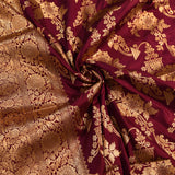 Burgundy Gold Zari Floral Vase All Over Pure Silk Banarasi Saree With Dense Woven Pallu