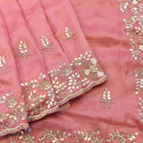 Rose Pink Hand Embroidered Georgette Saree With Mirror Work Floral Border