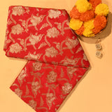 Bright Red Silver Zari Floral All Over Pure Silk Banarasi Saree With Geometric Chevron Pallu