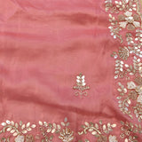 Rose Pink Hand Embroidered Georgette Saree With Mirror Work Floral Border