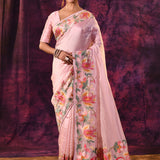 Soft Pink With Hand-Painted Vibrant Rose Border Design Chanderi Saree