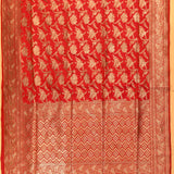 Bright Red Silver Zari Floral All Over Pure Silk Banarasi Saree With Geometric Chevron Pallu