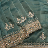 Bottle Green Hand Embroidered Saree With Intricate Gold Zari Border